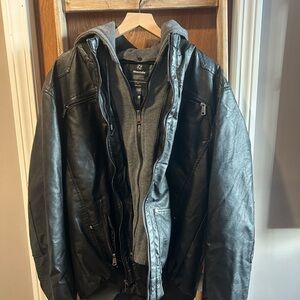 Men's XL Black Leather Jacket with Grey Hoodie
